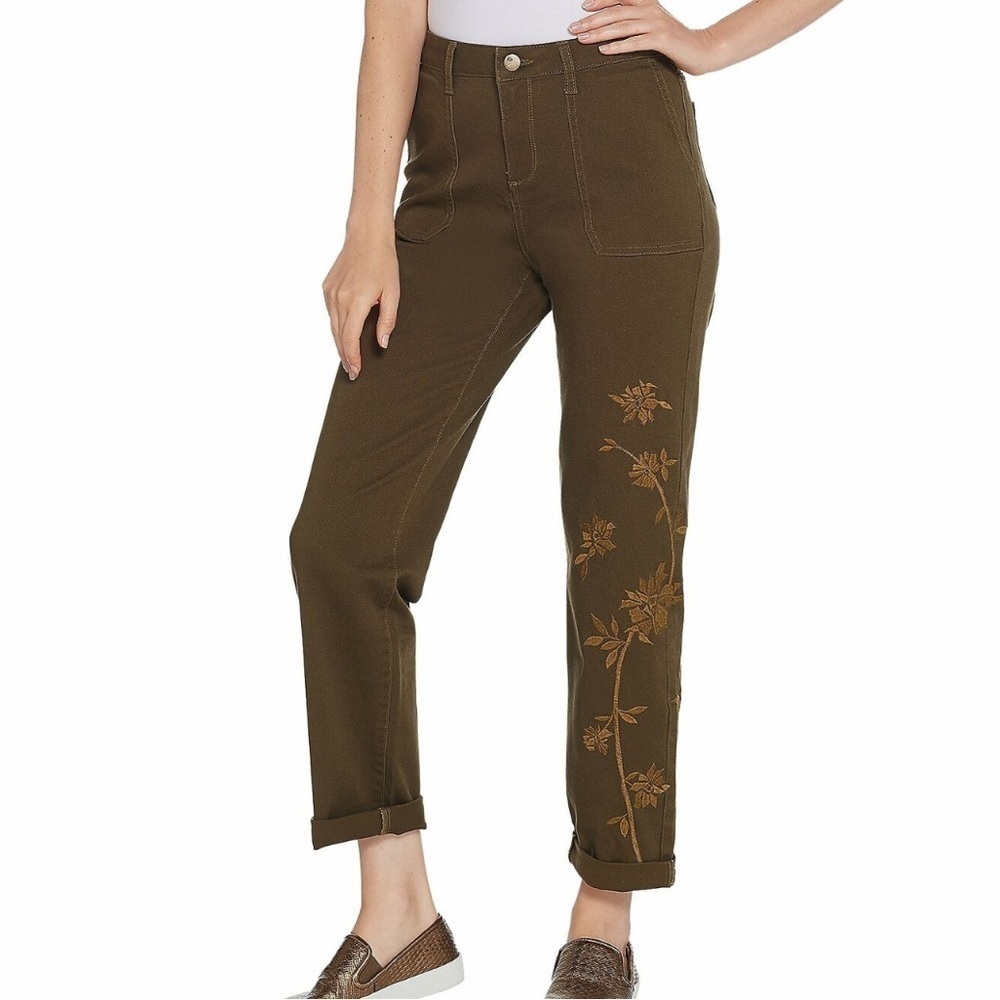 LOGO by Lori Goldstein Embroidered Boyfriend Jean Olive - 4